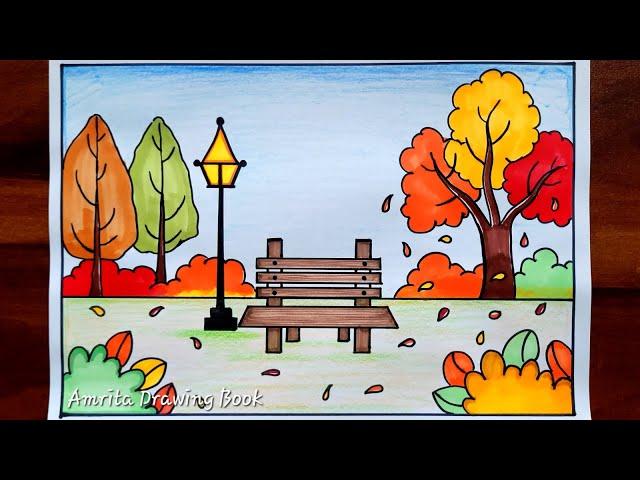 Easy and Simple Autumn Season Drawing | Fall Season Garden scenery Drawing | Types of Season Drawing