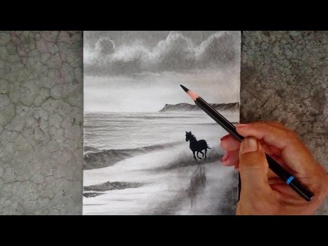 Pencil drawing of landscape running horse on beach.