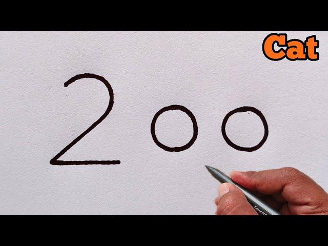 How do draw cat from number 200 | easy cat drawing tutorial | cat drawing video | cat