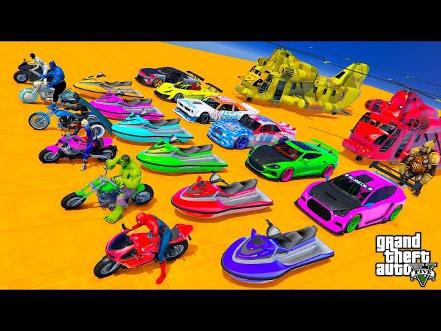 GTA V Awesome Double Mega Ramps by Sport Cars, Jet Skis & Motorcycles with Spiderman & Superherors