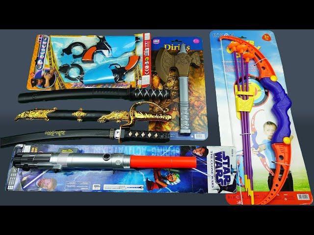 Toy Swords and Guns Unboxing !! Samurai Sword Star Wars Lightsaber and Bow Set