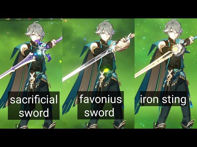 alhaitham weapon comparison :  sacrificial sword, favonius sword, and iron sting