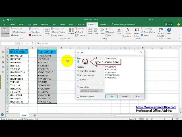 How to insert space between text and number in cells in Excel