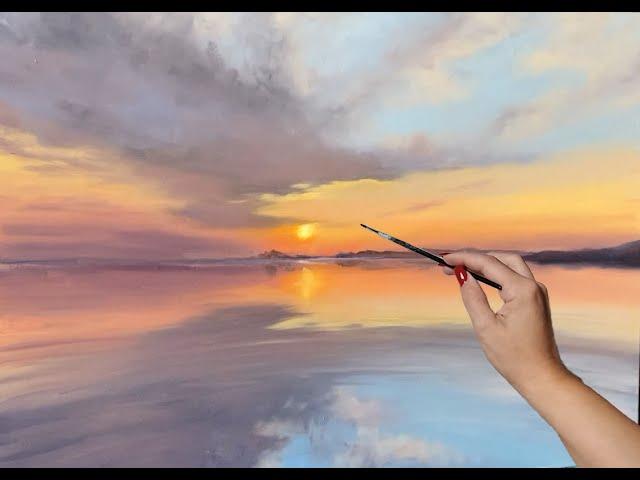 How to draw clouds, dawn, water surface. Oil painting step by step for beginners. Painting Online.