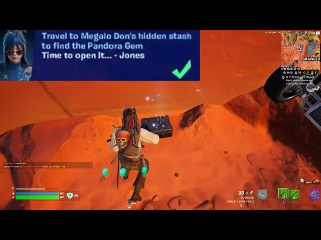 Travel to Megalo Dons hidden stash to find the Pandora Gem / Break Open hidden cache Fortnite