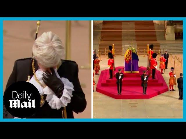 Emotional moment Black Rod wipes away a tear by the Queen's coffin on day of funeral