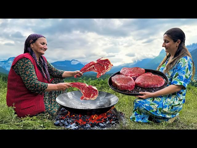 Cooking Beef Marble Meat Steaks! Outdoor Country Family Dinner in the Wild Mountains