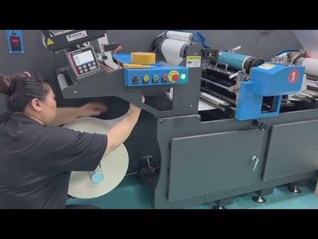 Label printing, laminating, and die-cutting are done in a single process