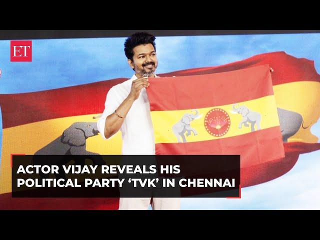 Chennai: Tamil actor Vijay unveils his political party Tamilaga Vettri Kazhagam's (TVK) flag, symbol