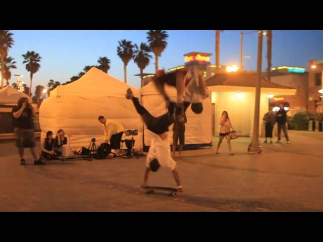 Round off backflip over handstand while skateboarding- The Flying Tortillas Huntington Beach