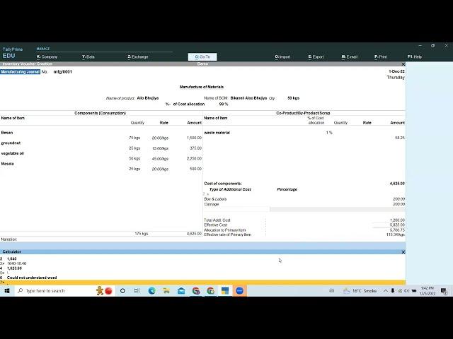 Manufacturing Journal Voucher Entry | Product Manufacturing Complete Process in Tally Prime