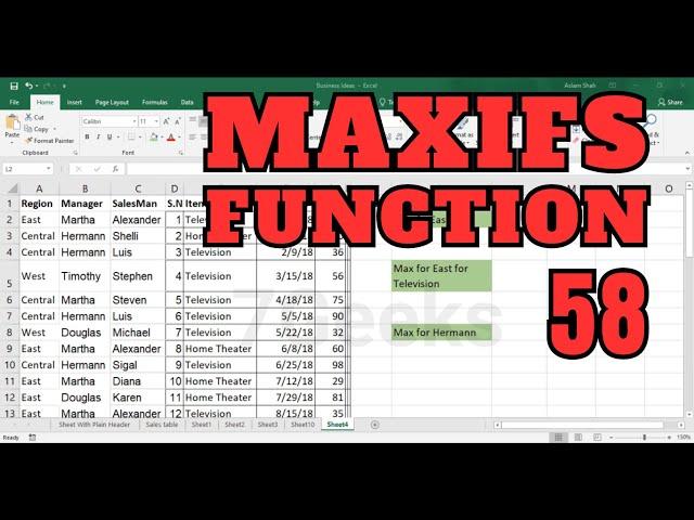 Lec 58 Excel Course | MAXIFS Function  | How to use MAXIFS Function  in excel