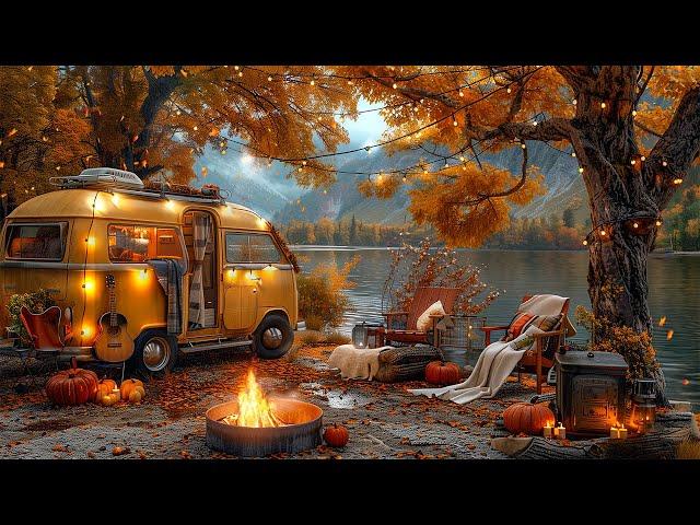 Soft Jazz Guitar Music  Autumn Lakeside Ambience ~ Warm Jazz Music & Falling Autumn Leaves