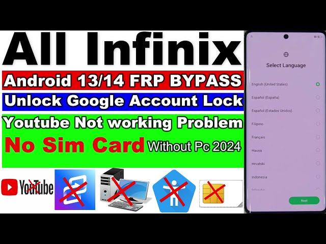 All Infinix FRP Bypass Android 14/13 | No Sim Card | Youtube Not working Problem | Without Pc 2024