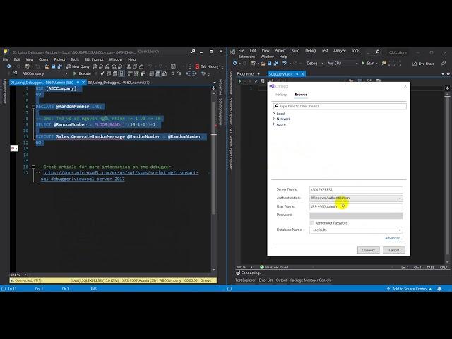 How debug SQL script in Visual studio 2019