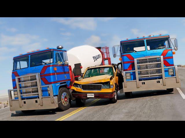 BeamNG Drive - Cars Trying To Survive Two Rampaging BigRigs