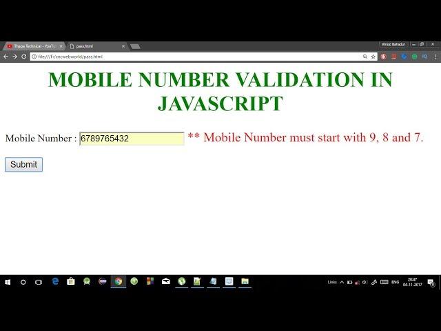 Mobile number validation in Javascript in Hindi | Phone number validation in Javascript 2017
