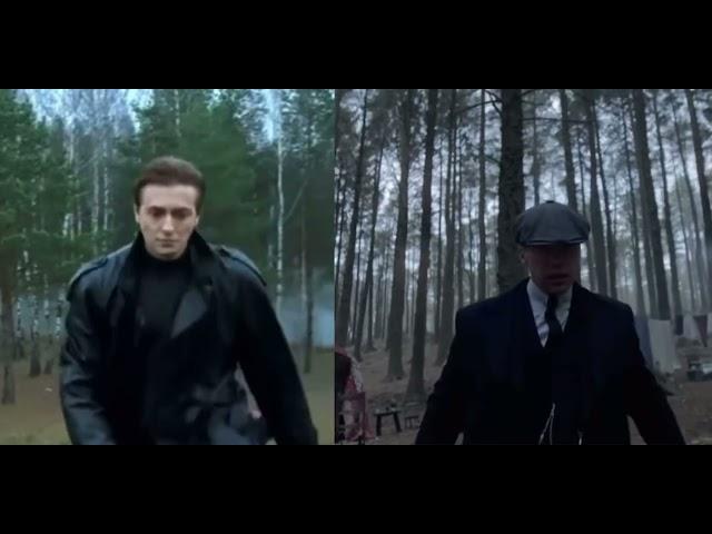 Sasha Belov and Thomas Shelby walk through the forest