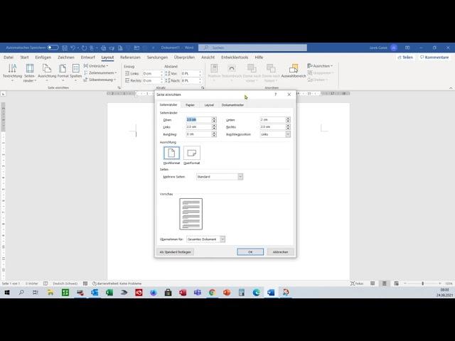 Word 1 1 Word starten, Seite einrichten, benutzerdefinierte Seitenränder