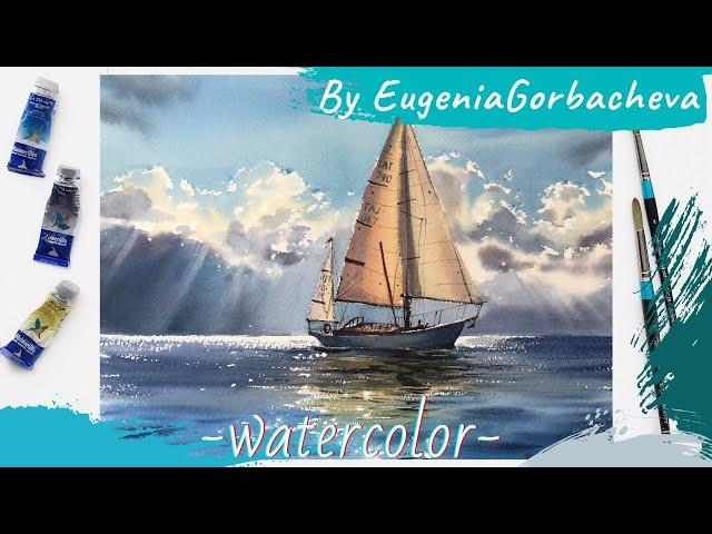 Watercolor painting Seascape with a yacht | Demo and Tutorial | Paint together | Eugenia Gorbacheva