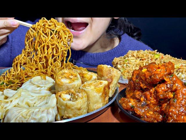 Chinese platter- chicken spring rolls, chilli chicken, chicken momos, Atta maggi, Egg fried rice 