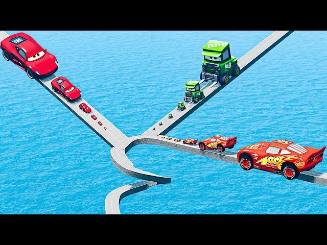 Big & Small: Lightning Mcqueen vs Wide Chick Pitty vs Ferrari vs Impossible Spiral Bridge - BeamNG