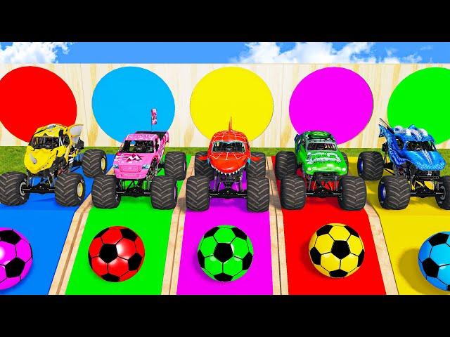 5 MONSTER TRUCKS vs Big & Small: McQueen with Slide Color vs Thomas Trains - BeamNG.Drive