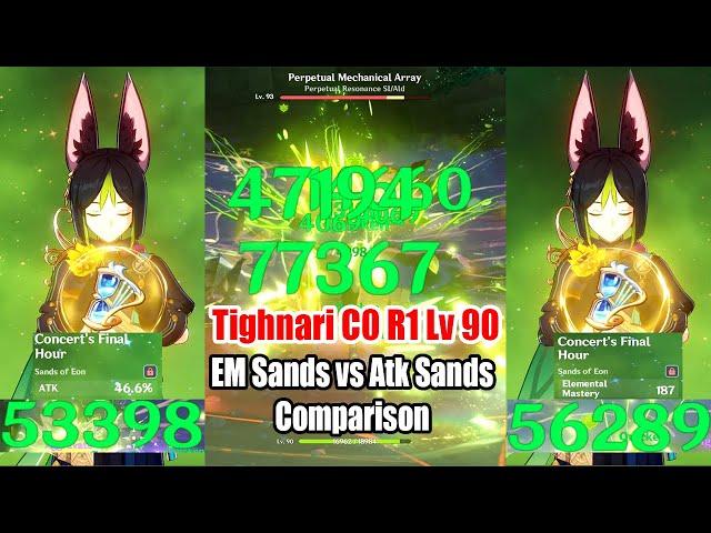 Tighnari C0 R1 Lv 90 100k Charged Atk Per 2s - EM Sands vs Atk Sands DMG Comparison