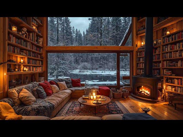 Winter Morning Jazz at Cozy Reading Nook Ambience  Snow Falling with Crackling Fireplace Sounds 