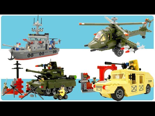 How to Build LEGO military sets - Enlighten 817 Hummers,  818 Helicopter,   820 frigate,  823 Tank