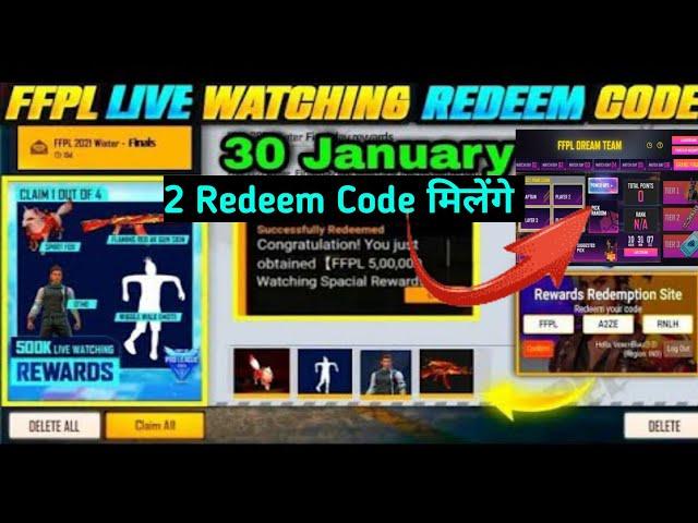 FFPL GRAND FINAL REDEEM CODE  || 30 JANUARY FFPL REDEEM CODE FREE FIRE | 500K LIVE WATCHING REWARDS