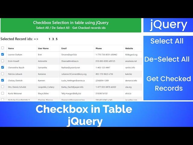 Checkbox in Table jQuery | Select All | Get Checked Records  | jquery tutorial