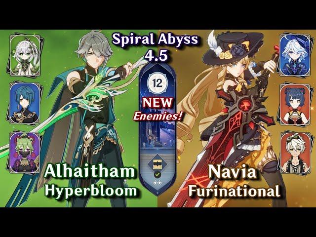 NEW SPIRAL ABYSS 4.5! C0 Alhaitham Hyperbloom & C0 Navia Hyper | Floor 12 - 9 Stars | Genshin Impact