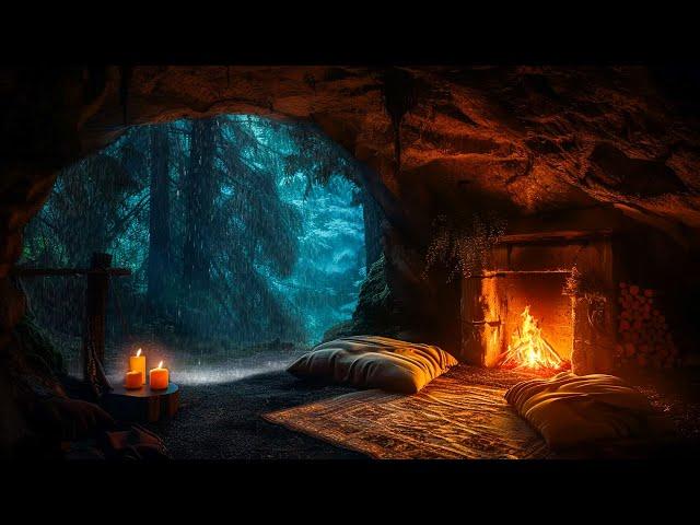 Hidden Cave In Forest On Rainy Night: Campfire, Rain & Thunder Sound For Meditation, Relaxation