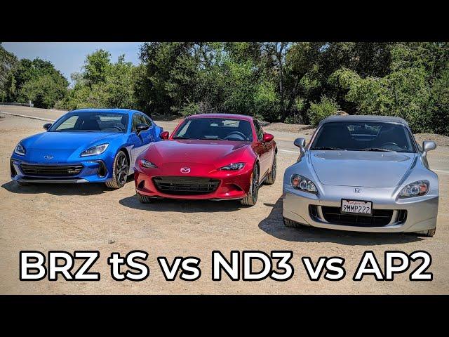 Honda AP2 S2000 vs Mazda ND3 Miata vs Subaru BRZ tS - Head to Head Review!