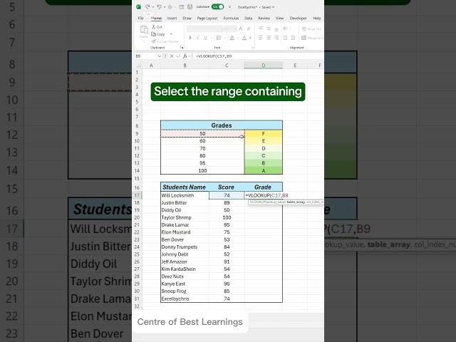 Use vlookup to grade like this! #excel #exceltips