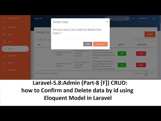 Laravel-5.8:Admin (Part-8 [F])CRUD: how to Confirm and Delete Data with Eloquent in Laravel