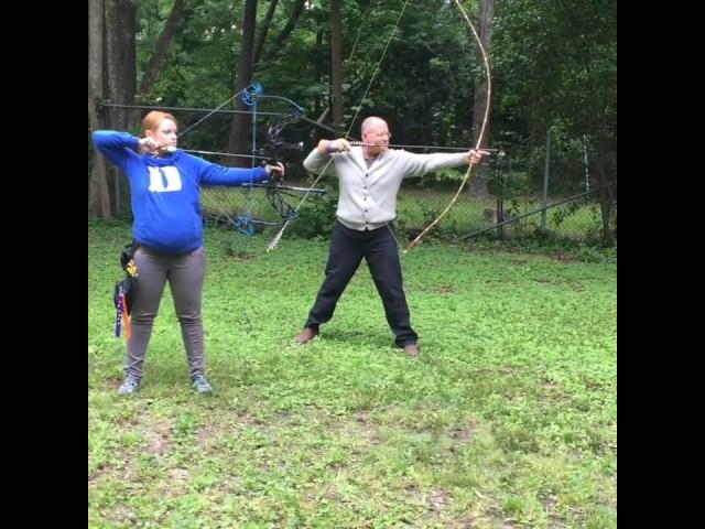 Compound Bow and Japanese Longbow (Yumi) At Full Draw