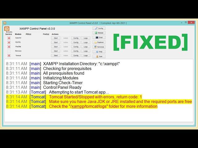 [FIXED] XAMPP Tomcat error: Tomcat Started/Stopped with errors | Make sure Java JDK or JRE installed
