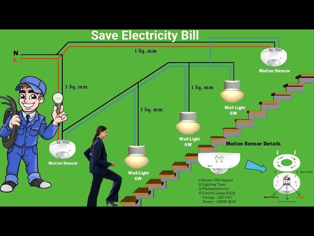 Stair lighting connection with motion sensor | staircase wiring.