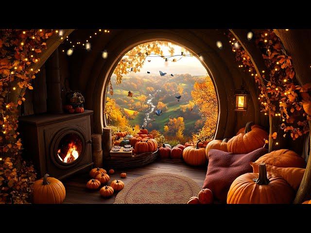 Cozy Hobbit Hole | Fantasy Music w/ Soft Fireplace| Whimsical Autumn Ambience for Relax & Deep Focus