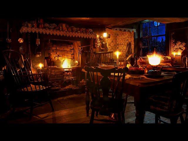 Ambience/ASMR: Victorian Cottage Kitchen at Night (with Fireplace, Clock, & Snowfall), 8 Hours