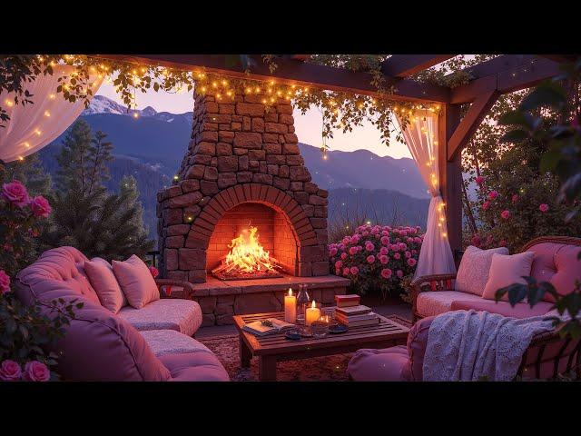 Cozy Fireplace Ambience at Sunset on the Mountain ️ Pink Balcony with Romantic Jazz for Relaxation