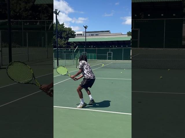 Mark unloading from the baseline, testing the coach’s reflexes at the net! 