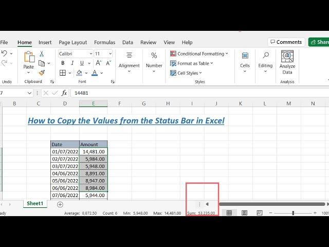 How to Copy the Values from the Status Bar in Excel