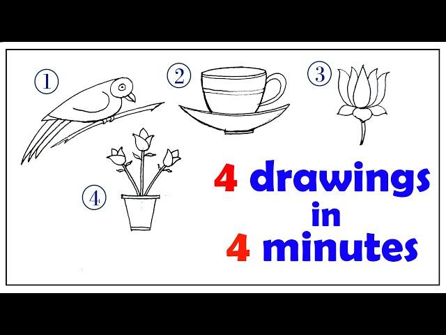 One Minute drawings|Parrot, Cup,Saucer, Lotus, Flower vase | Learn Drawing ||Jakkani Drawing Academy