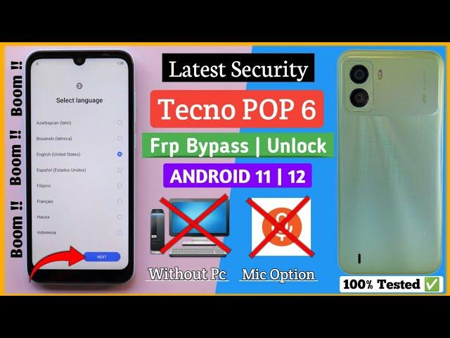 Tecno POP 6 Frp Bypass/Unlock | Android 11/12 Without Pc Google Account Unlock New Updates 2023