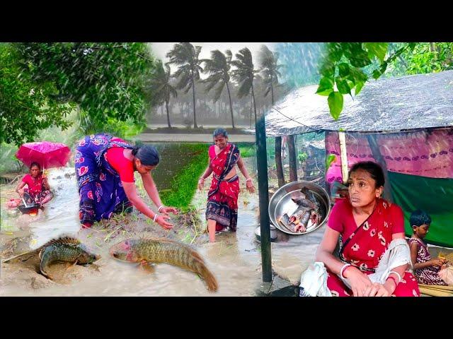 Village Life - It's Always Raining। Morning Routine In Heavy Rain Fish Catching।Cooking Village Food