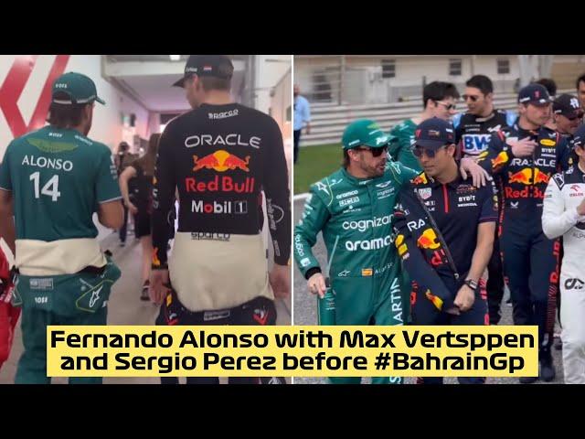 Fernando Alonso chatting with Max Verstappen and Sergio Perez before the start of #BahrainGP