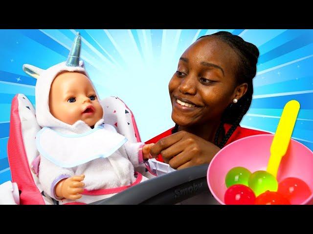 Cooking food for baby born doll! Feeding Baby doll with toy food